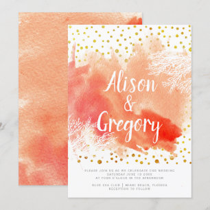 Invitation Aquarelle splash corail récif or confetti mariage
