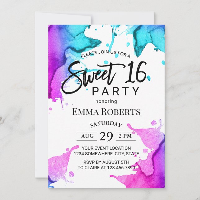 Invitation Aquarelle Splash Élégante Typographie Sweet 16 (Devant)