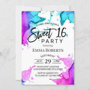 Invitation Aquarelle Splash Élégante Typographie Sweet 16