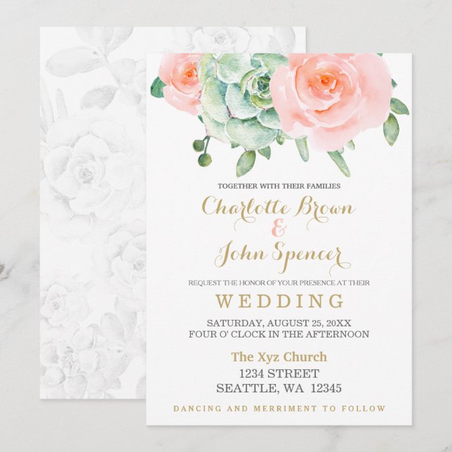 Invitation Aquarelle Succulent Blush Floral Élégant Mariage (Devant / Derrière)