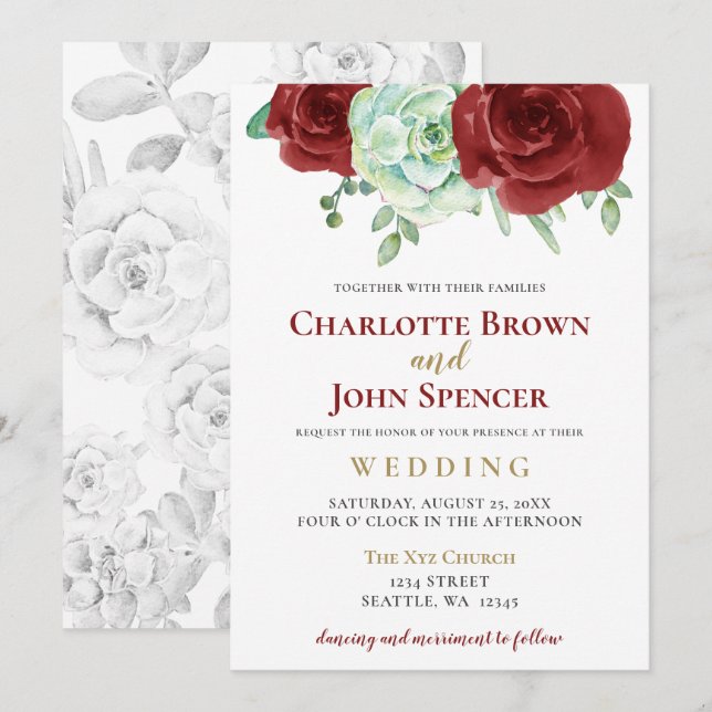 Invitation aquarelle succulent bordeaux or mariage floral (Devant / Derrière)