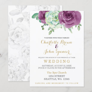 Invitation aquarelle succulent prune rose mariage