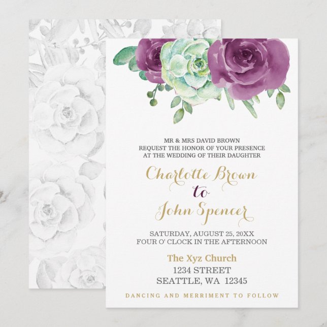 Invitation aquarelle succulent prune rose mariage (Devant / Derrière)