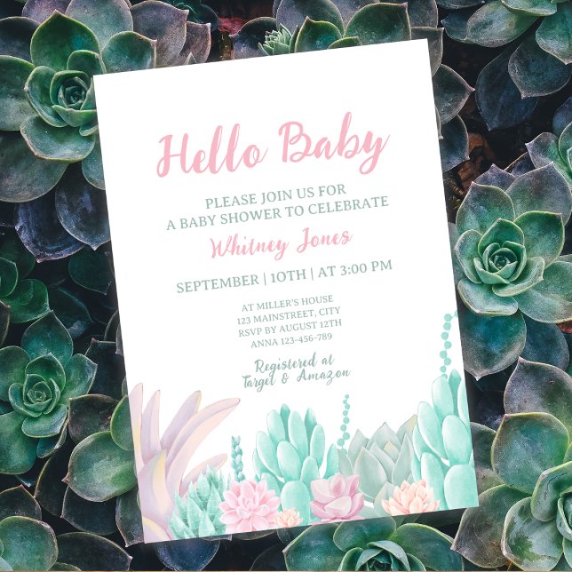 Invitation Aquarelle Succulente Baby shower fille rose et men (Succulent Watercolor Pink & Mint Girl Baby Shower Invitation)