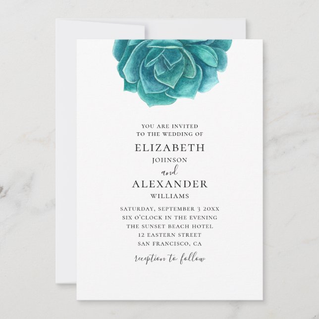 Invitation Aquarelle succulente. Cactus bleu et turquoise mar (Devant)