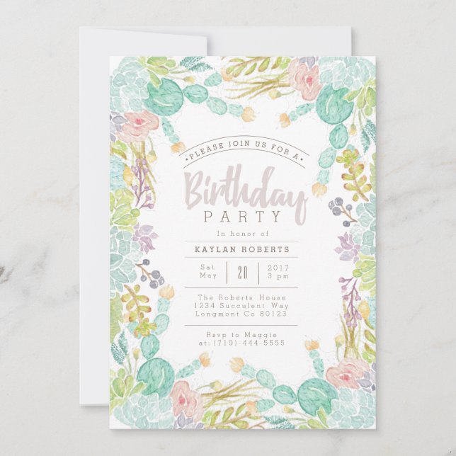 Invitation Aquarelle Succulente du jardin | Anniversaire (Devant)