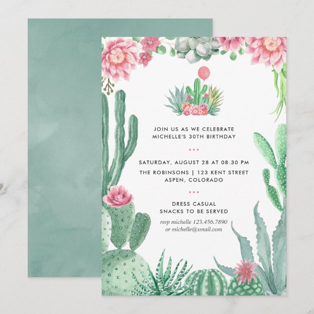 Invitation Aquarelle Succulente fête d'anniversaire (Devant / Derrière)