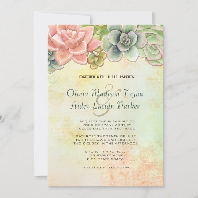 Invitation Aquarelle Succulente Mariage floral - option 2 (Devant)