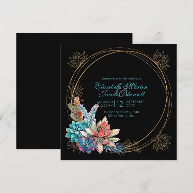 Invitation Aquarelle Succulente, Mariage noir turquoise (Devant / Derrière)