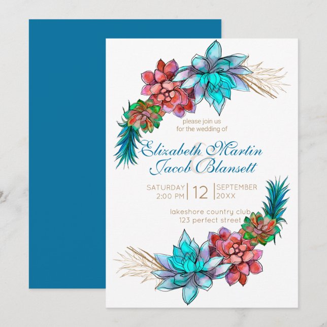 Invitation Aquarelle Succulente, Mariage turquoise profond (Devant / Derrière)