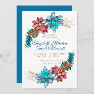 Invitation Aquarelle Succulente, Mariage turquoise profond