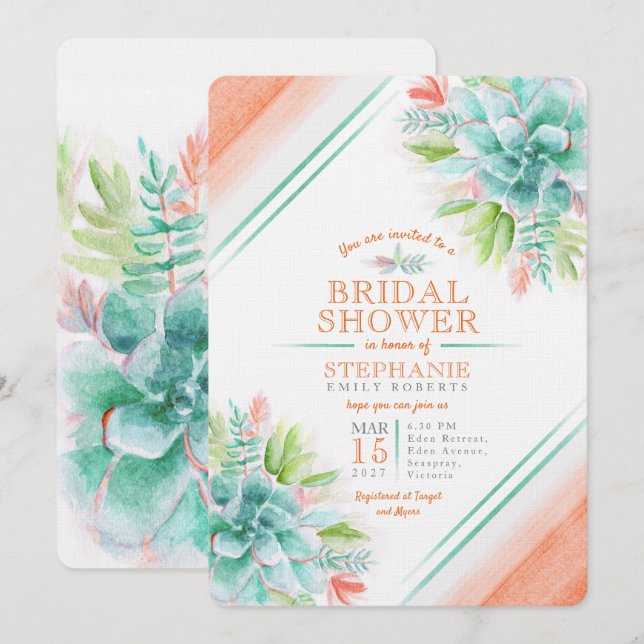 Invitation Aquarelle Succulente vert orange douche nuptiale (Devant / Derrière)