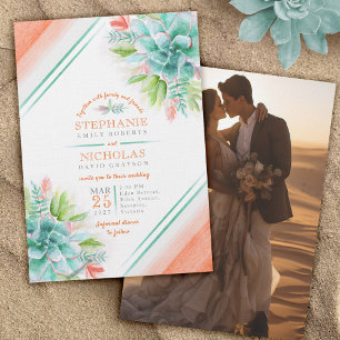 Invitation Aquarelle Succulente vert orange mariage photo