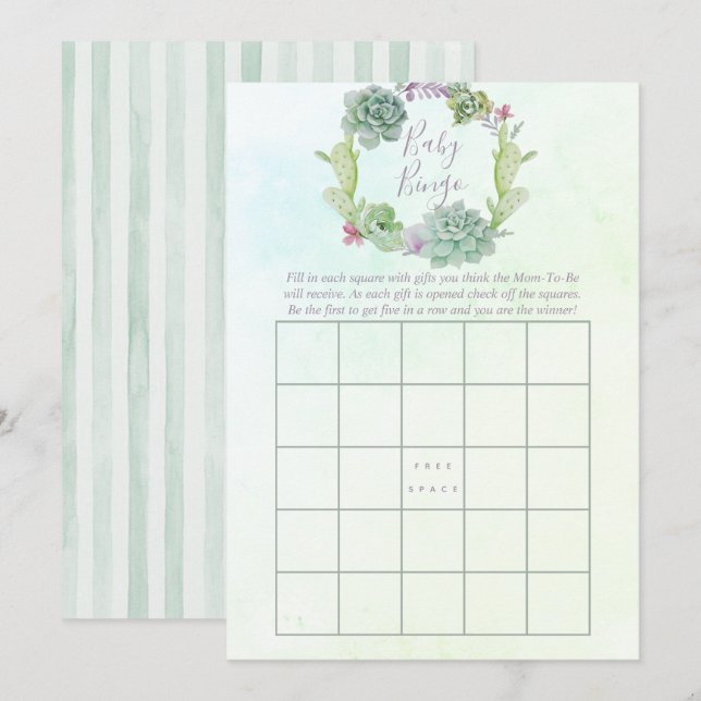 Invitation Aquarelle Succulents Baby shower Bingo bébé (Devant / Derrière)