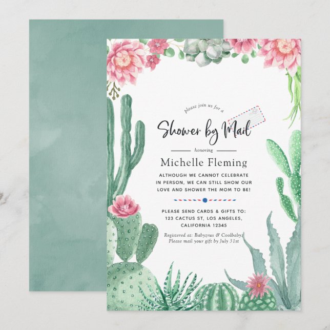 Invitation Aquarelle Succulents Baby shower par courrier (Devant / Derrière)