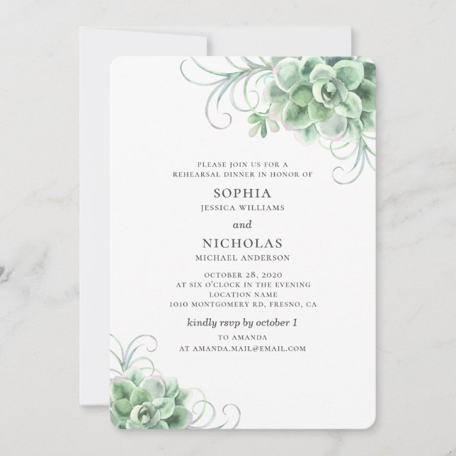 Invitation Aquarelle succulents dîner de répétition mariage (Devant)