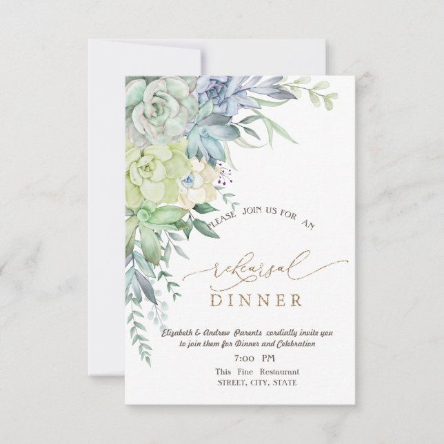 Invitation Aquarelle Succulents Dots Répétition Dîner (Devant)