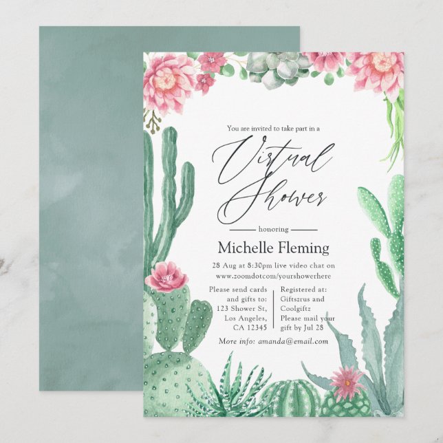 Invitation Aquarelle Succulents Douche virtuelle (Devant / Derrière)