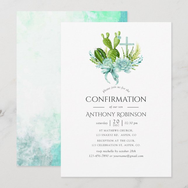 Invitation Aquarelle Succulents garçon Confirmation (Devant / Derrière)