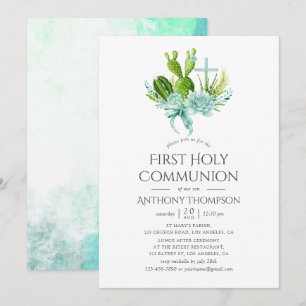 Invitation Aquarelle Succulents Garçon première sainte commun