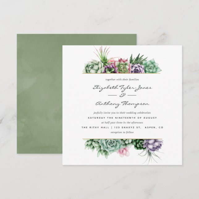 Invitation Aquarelle Succulents Mariage (Devant / Derrière)