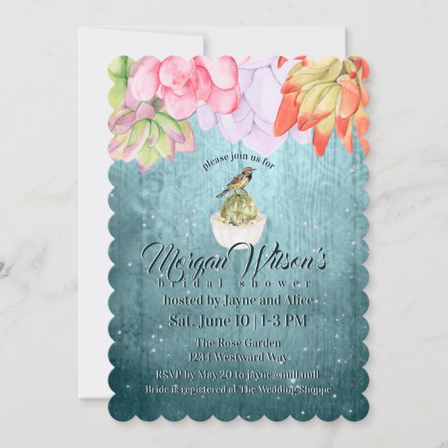 Invitation Aquarelle Succulents Oiseau Fête des mariées Turqu (Devant)