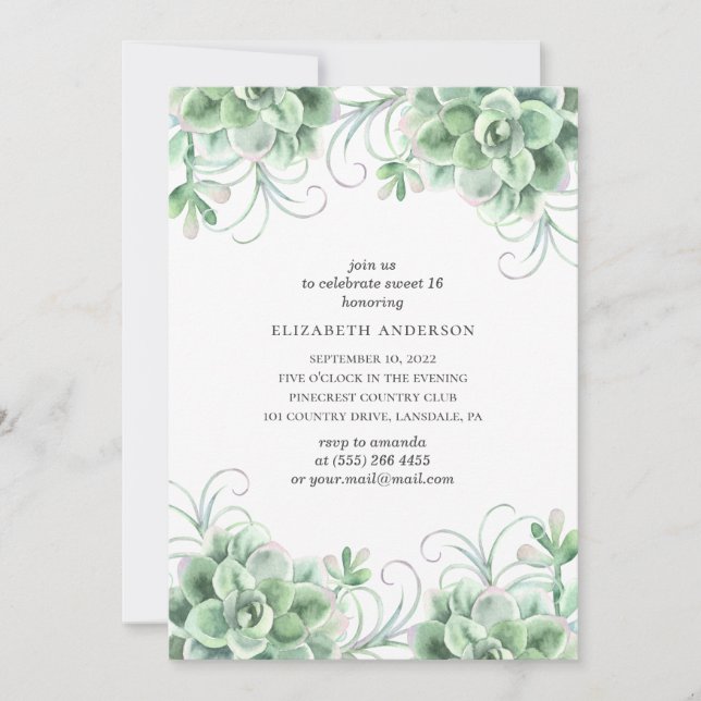 Invitation Aquarelle succulents Sweet 16. Cactus vert (Devant)