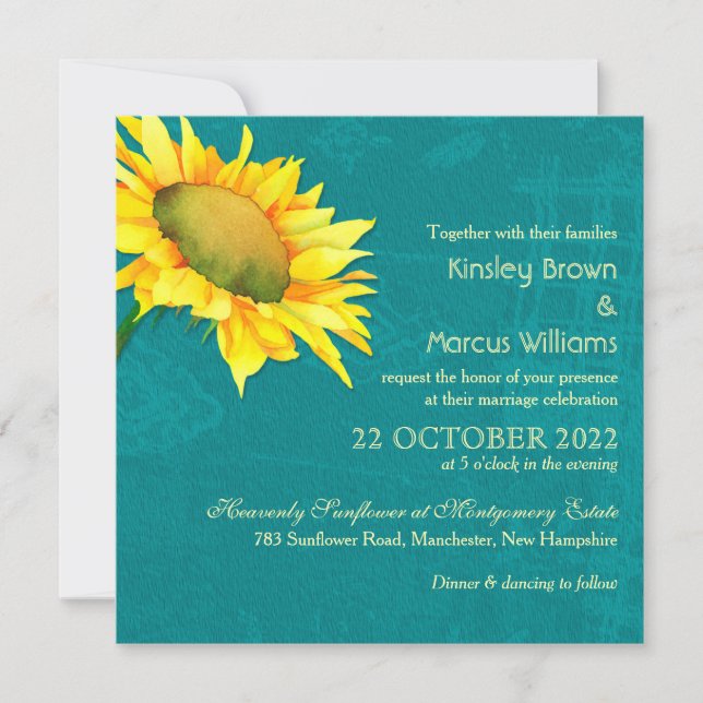 Invitation Aquarelle Sunflower Blue Jade Mariage (Devant)