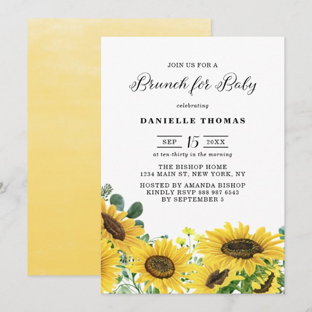 Invitation Aquarelle Sunflower et Eucalyptus Baby Brunch (Devant / Derrière)