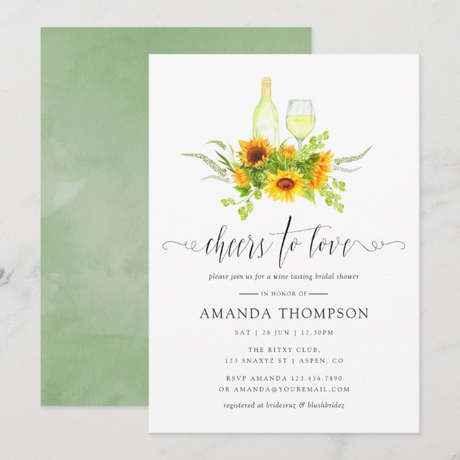 Invitation Aquarelle Sunflower Fête des mariées Dégustation d (Devant / Derrière)