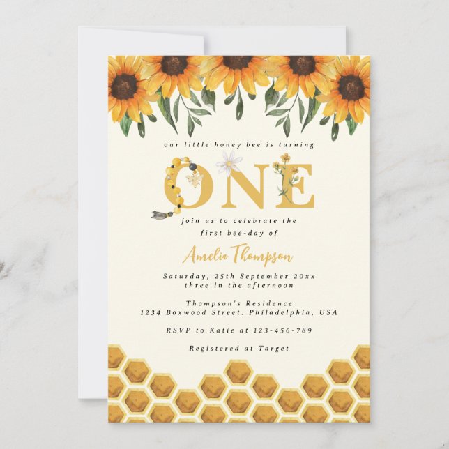 Invitation Aquarelle Sunflower Honeycomb First Bee day (Devant)