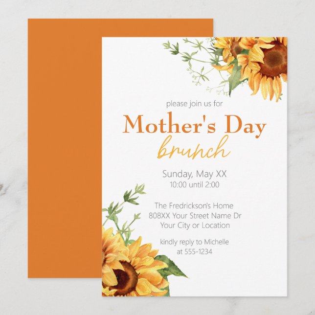 Invitation Aquarelle Sunflowers Fête des mères Brunch (Devant / Derrière)