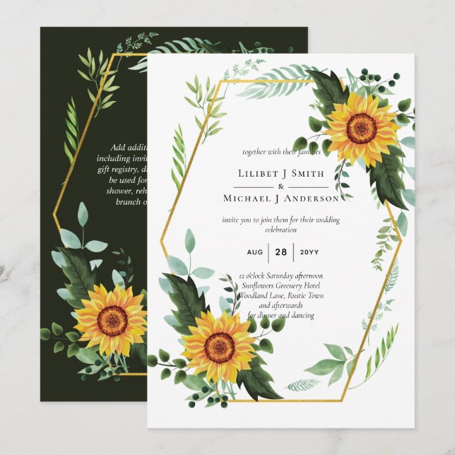 Invitation Aquarelle SUNFLOWERS Verdure Rustique Mariage (Devant / Derrière)