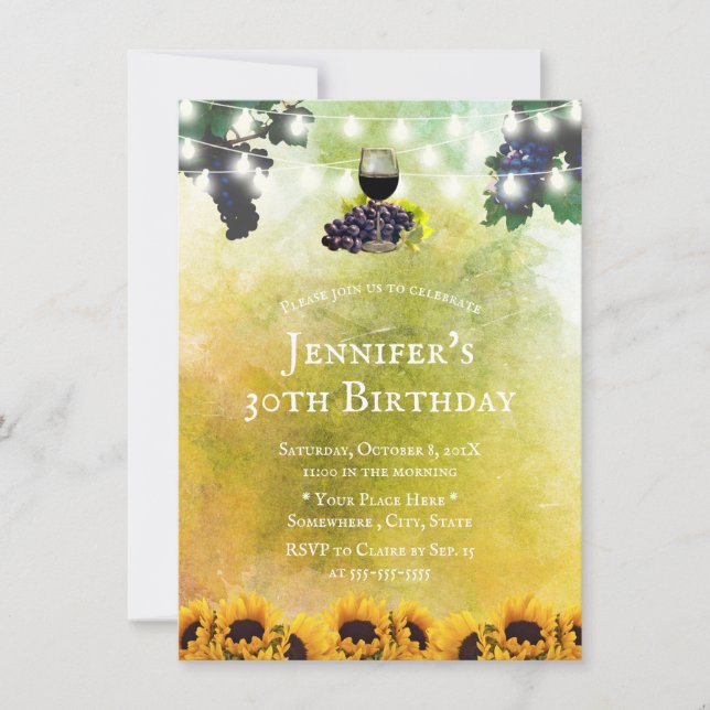 Invitation Aquarelle Sunflowers Vignoble Vin 30e anniversaire (Devant)
