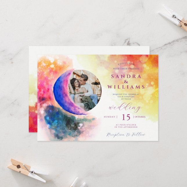 Invitation Aquarelle sur la lune Couple Photo Ombre Mariage (Devant/Arrière en situation)