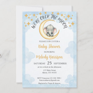 Invitation Aquarelle sur le Baby shower d'éléphant de la lune