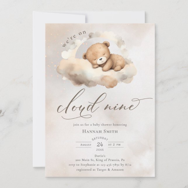 Invitation Aquarelle sur le nuage 9 Baby shower (Devant)