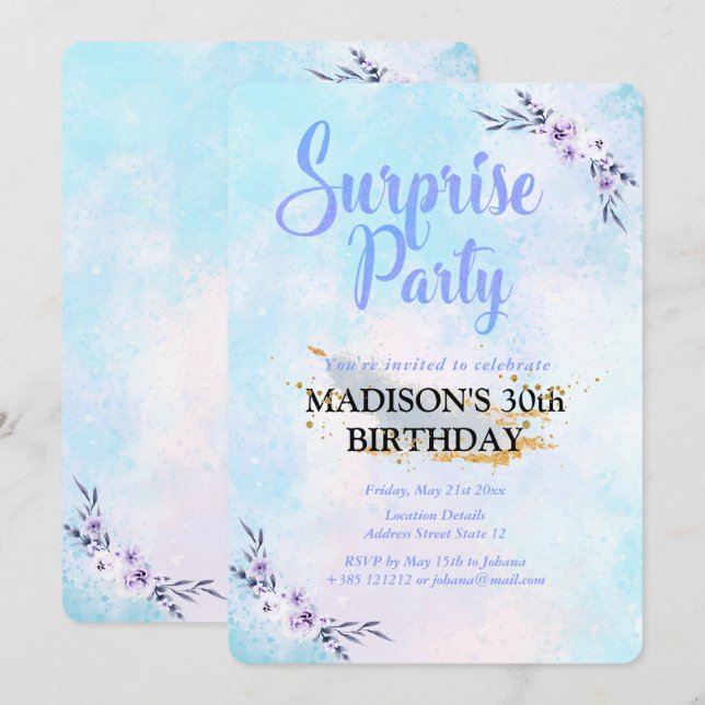 Invitation Aquarelle Surprise Party Pastel (Devant / Derrière)