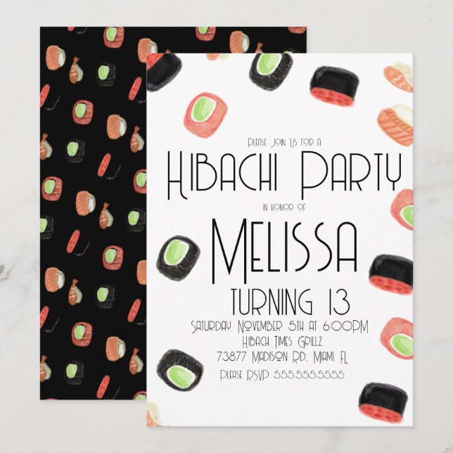 Invitation Aquarelle Sushi Ado Anniversaire Hibachi Restauran (Devant / Derrière)