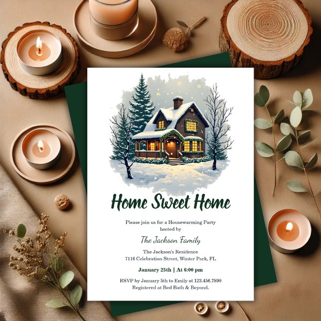 Invitation Aquarelle Sweet Accueil Fête de l'hiver (Watercolor Sweet Home Winter Housewarming Party Invitation)