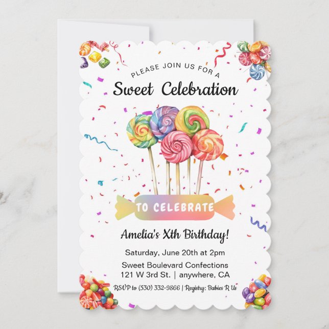 Invitation Aquarelle Sweet Celebration Candy pour enfants Ann (Devant)