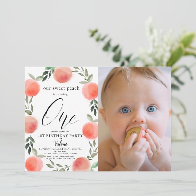 Invitation Aquarelle Sweet Peach 1er Anniversaire Photo (Debout devant)