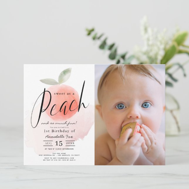 Invitation Aquarelle Sweet Peach 1er Anniversaire Photo Invit (Debout devant)