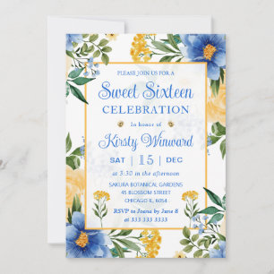 Invitation Aquarelle Sweet sixteen bleu et jaune