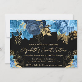 Invitation Aquarelle Sweet sixteen bleu et or