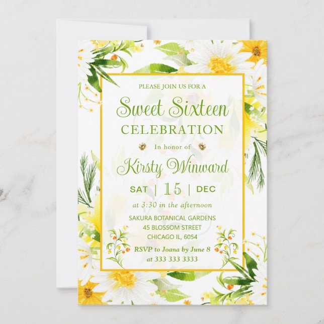 Invitation Aquarelle Sweet sixteen de marguerites jaunes et b (Devant)