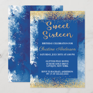 Invitation Aquarelle sweet sixteen Parties scintillant or ble