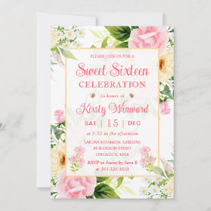 Invitation Aquarelle Sweet sixteen rose et jaune