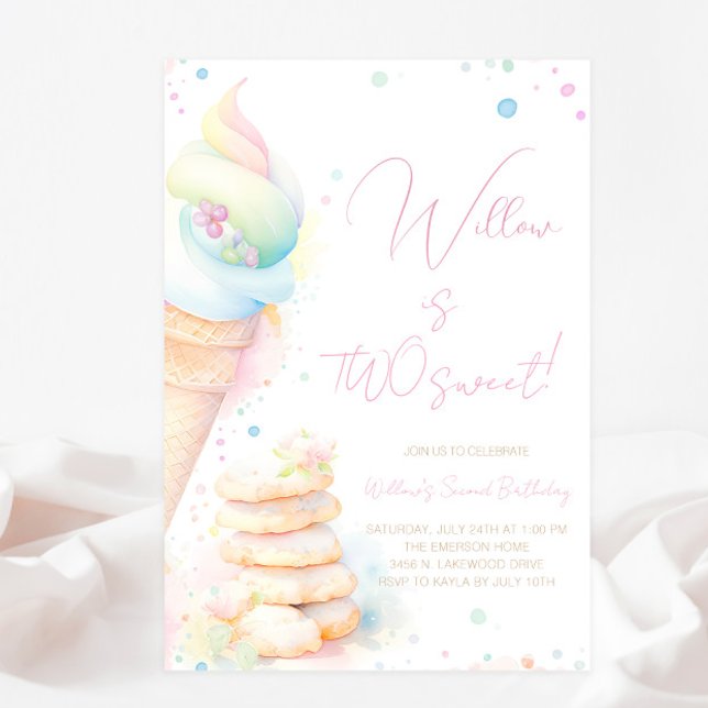 Invitation Aquarelle Sweets Girl Two Sweet Anniversaire (Pretty watercolor treats Two Sweet second birthday party invitation. Simply add your event details.)