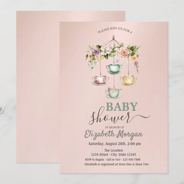 Invitation Aquarelle Tasses à thé Baby shower floral (Devant / Derrière)
